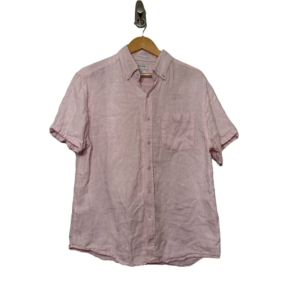 Porter & Ash 100% Linen Shirt Mens L Pink Short Sleeve Button Summer Coastal
